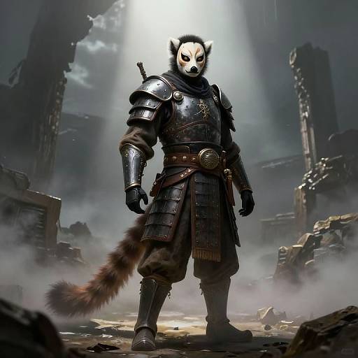 Digital art of a masked, armored, anthropomorphic lemur warrior with a striped tail, standing in a foggy, ruined cityscape.