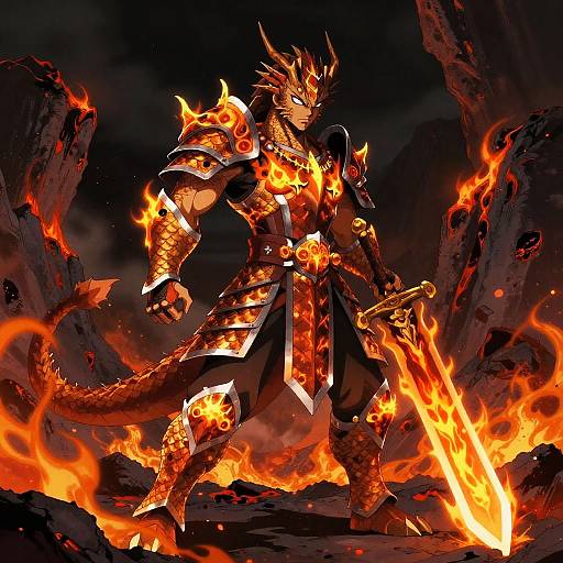 Fearless Half-Dragon Warrior in Volcanic Crater