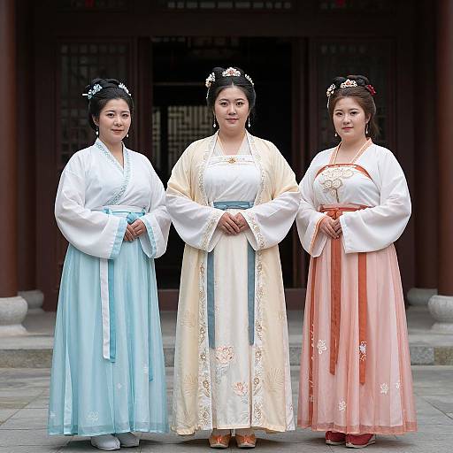 Photograph of three Asian women in traditional Korean hanbok, standing in front of a wooden building. They wear white blouses and blue, cream