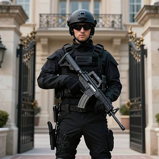 Photograph of a serious male SWAT officer in black tactical gear, helmet, sunglasses, and holding a rifle, standing guard at an elegant, ornate