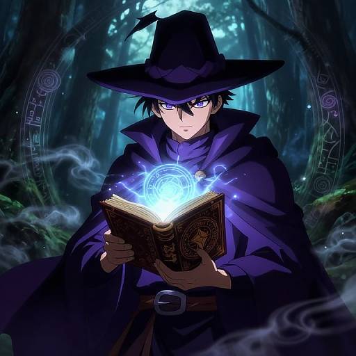 Anime-style digital artwork of a blue-eyed, black-haired wizard in a dark cloak and hat, casting a glowing blue spell from an ancient book in a