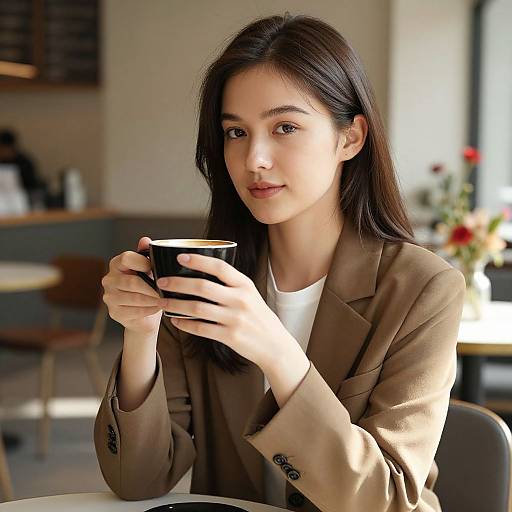 Photograph of an Asian woman with long black hair, wearing a brown blazer and white shirt, holding a black coffee cup, sitting in a bright