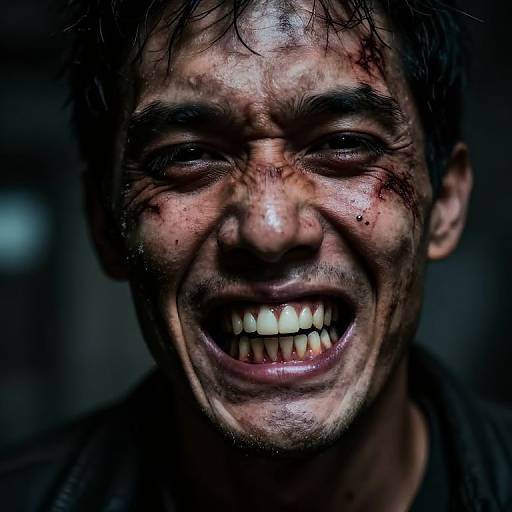 Close-up photograph of a dirty, blood-streaked man with wild hair, gritted teeth, and a broad, manic smile, set against a