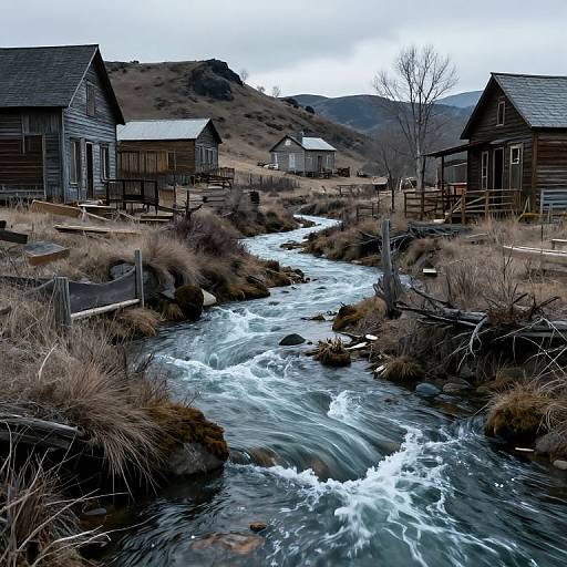 Photograph of a rustic, mountainous landscape with a rushing, rocky stream running through it, flanked by old wooden cabins and leafless trees.