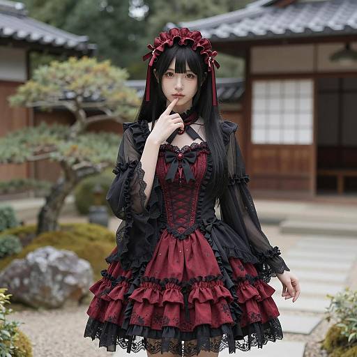 Asian Woman in Gothic Lolita Dress in Japanese Garden