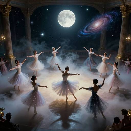 Photograph of a ballet performance under a full moon, with ballerinas in white and black tutus, surrounded by mist, and a galaxy backdrop