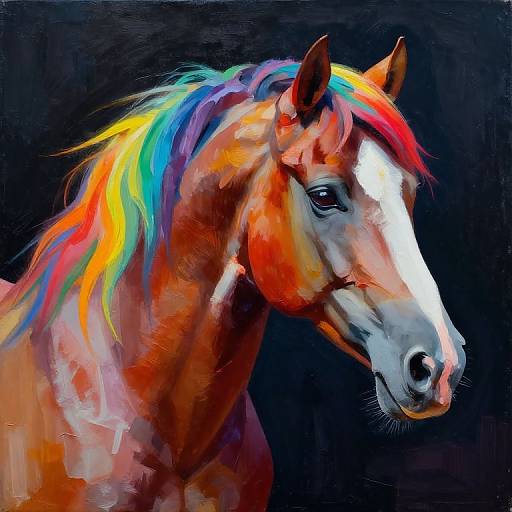Vibrant digital painting of a brown horse with a rainbow-colored mane, white blaze, and dark background, showcasing vivid, expressive brushstrokes.