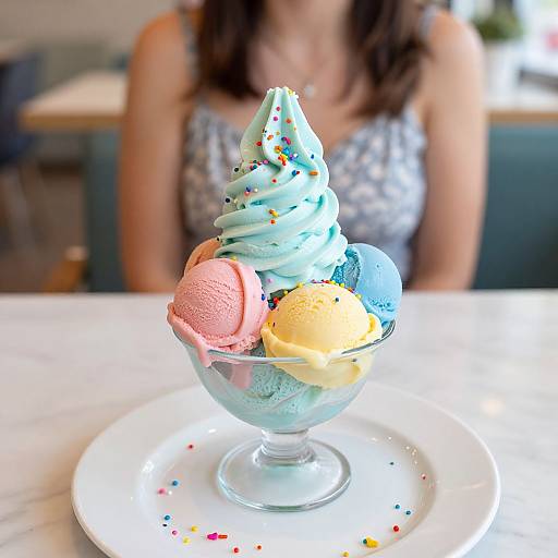 Photograph of colorful ice cream sundae with blue, pink, and yellow scoops, topped with sprinkles, in a glass bowl on a white