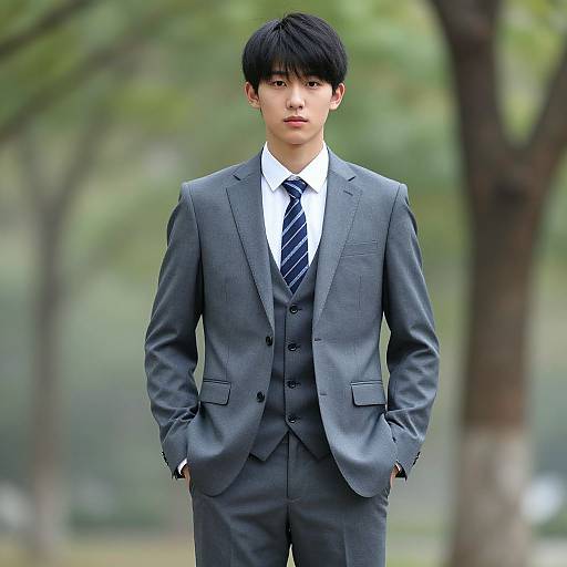 Photograph of an Asian man with black hair, wearing a gray three-piece suit, white shirt, and navy striped tie, standing with hands in pockets