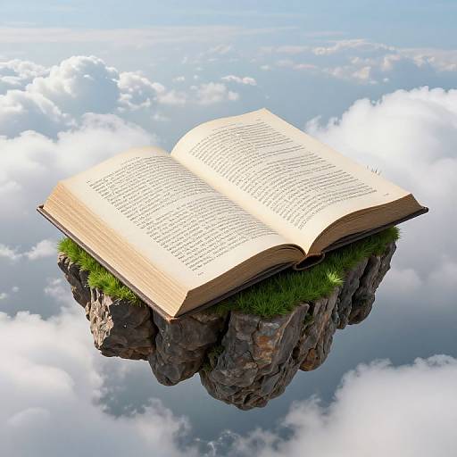 Digital illustration of an open book with green grass on a floating rocky cliff amidst a cloudy sky background.