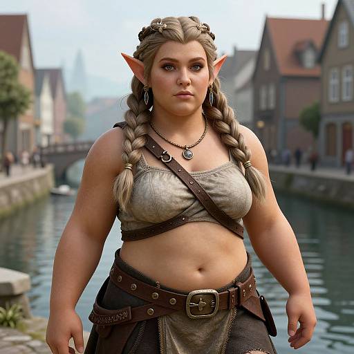 Digital art of a strong, fair-skinned elven woman with braided blonde hair, wearing a leather crop top and skirt, standing by a river