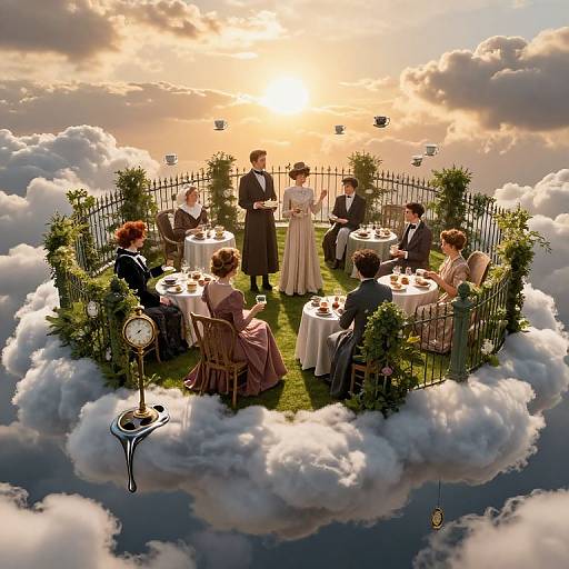Whimsical digital painting: Elegant, Victorian-style dinner party on a floating cloud, sun setting in the background, surrounded by white clouds, with orn