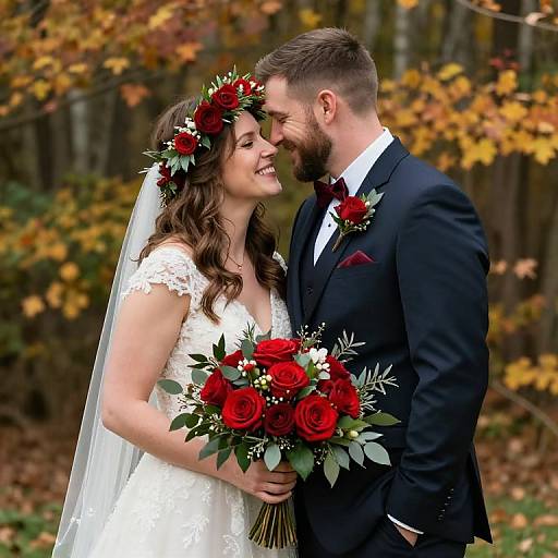 Photograph of a bearded groom in a black suit, red bow tie, and boutonniere, kissing a smiling bride in white lace dress