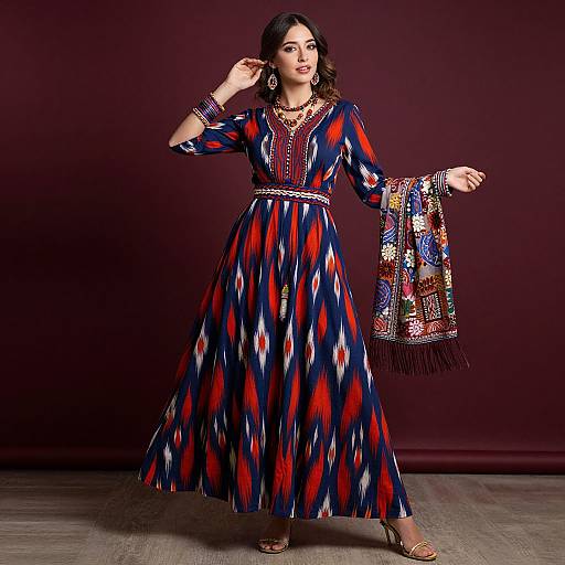 Photograph of a dark-haired woman in a vibrant, red, blue, and white patterned long dress, holding a matching shawl, against a