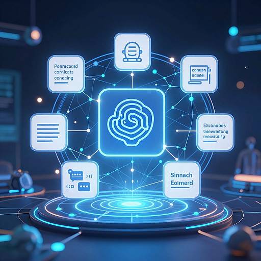 Digital graphic of a glowing, blue, futuristic interface featuring a central fingerprint icon, surrounded by six neon icons for authentication, encryption, commands, backups,