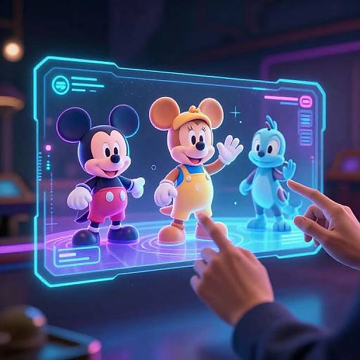 Photograph of a futuristic digital screen displaying glowing neon blue holograms of Mickey Mouse, Minnie Mouse, and a blue robot, with a hand pointing