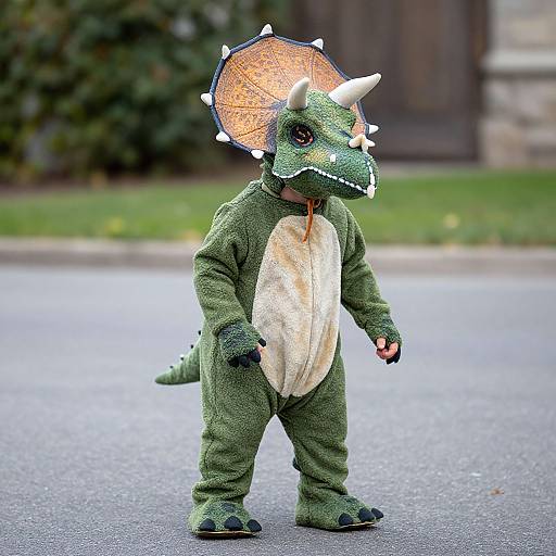 Photograph of a child in a green dinosaur costume with white belly, orange parasol, and white horns, standing on a street.