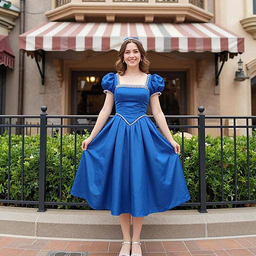 Photograph of a smiling young woman in a blue, puffed-sleeve, princess-style dress with white trim, standing in front of a striped