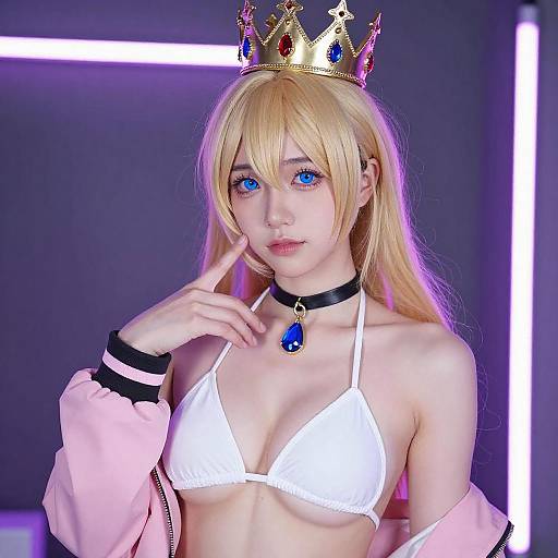 Blonde Cosplayer with Crown and Neon Lights