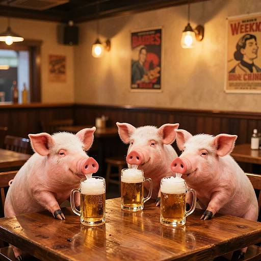Cartoon Pigs Enjoying Beer at Pub
