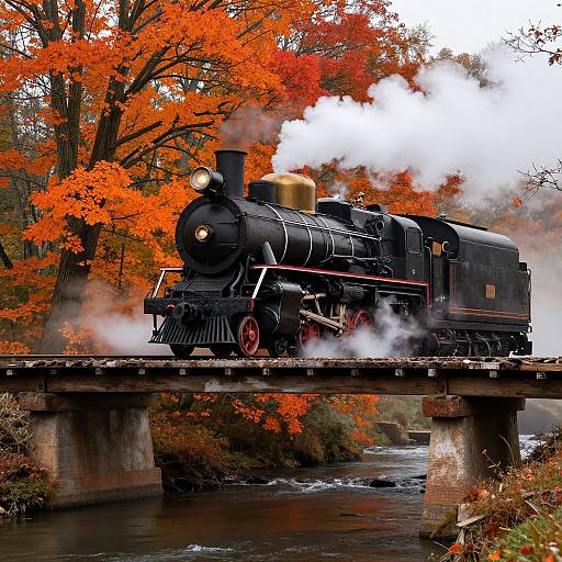 Photograph of a black steam locomotive with red wheels, emitting white smoke, crossing a wooden bridge over a flowing river, surrounded by vibrant autumn trees