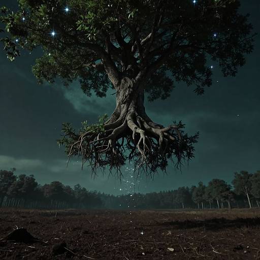 Photograph of a large, ancient tree with sprawling roots, glowing star-like lights in its leaves, set against a dark, starry night sky and