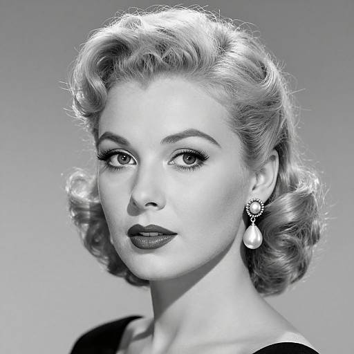 Black-and-white photograph of a 1950s-style woman with wavy, shoulder-length hair, dark lipstick, and pearl earrings, looking directly at