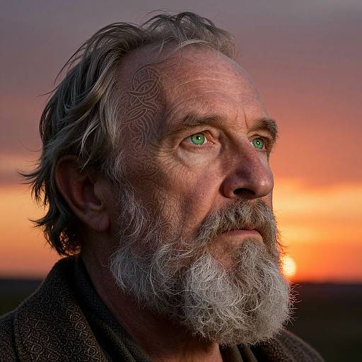 Photograph of an elderly white man with a long gray beard, green eyes, and wavy hair, gazing at a vibrant sunset.