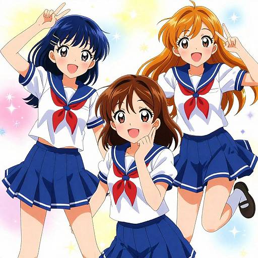 Digital anime drawing of three cheerful, cute, schoolgirl characters in blue sailor uniforms with white shirts and red neckerchiefs, posing energetically