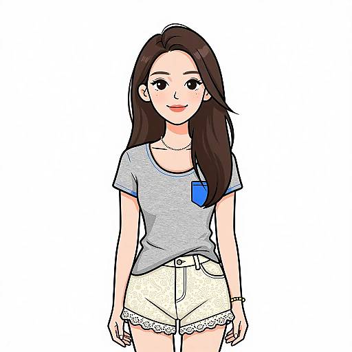 Digital drawing of a smiling Asian woman with long brown hair, wearing a gray shirt, white shorts, and a blue necklace.