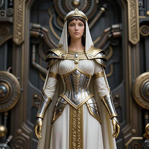 Digital artwork of a stern, fair-skinned woman in medieval fantasy armor with gold accents, white dress, and veil, standing before an ornate,