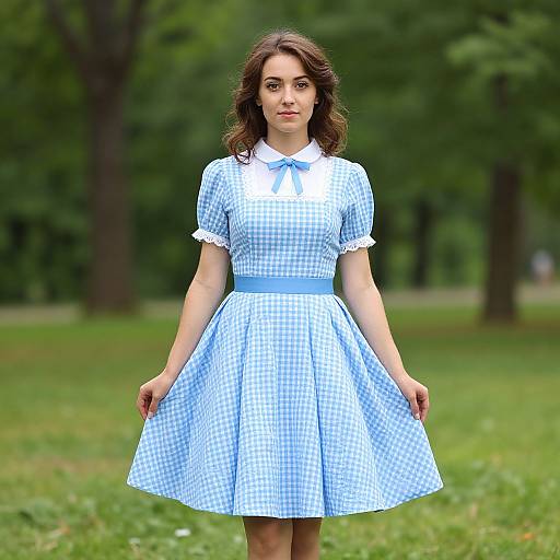 Young woman with fair skin and wavy brown hair wears a blue and white checkered dress in a lush, green park. Photorealistic photograph.