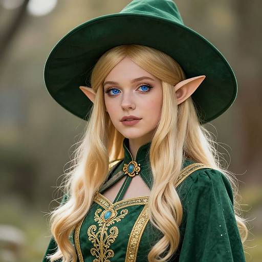 Blonde Elf in Green Embroidered Dress