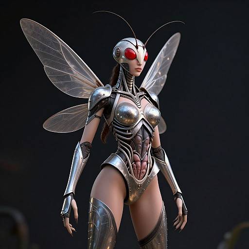 CGI image of a futuristic, silver robotic insect-woman with translucent wings, red eyes, and exposed humanoid legs, standing against a dark background.