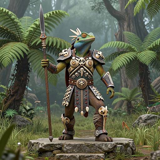 Digitally rendered fantasy lizard warrior in detailed armor, holding a spear, standing on a stone platform in a foggy forest with ferns.