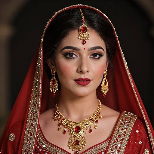 Photograph of an elegant South Asian bride in a red traditional saree, adorned with gold jewelry and red gemstones, wearing a matching headpiece and