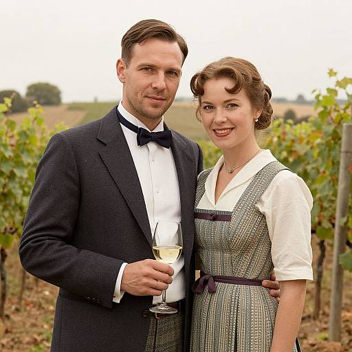 Photograph of a smiling Caucasian couple in vintage attire; man in black suit, bow tie, holding wine glass, woman in checkered dress, white