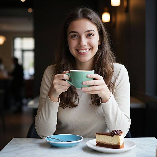 Photograph of a smiling young woman with long brown hair, wearing a white long-sleeve shirt, holding a green mug, sitting at a café