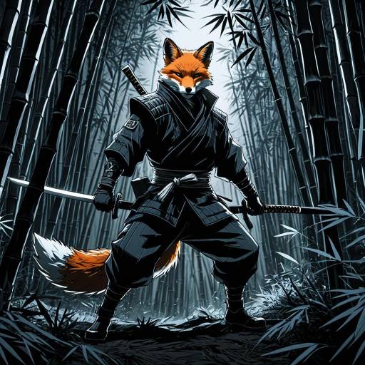 Anthropomorphic Fox Ninja in Bamboo Forest