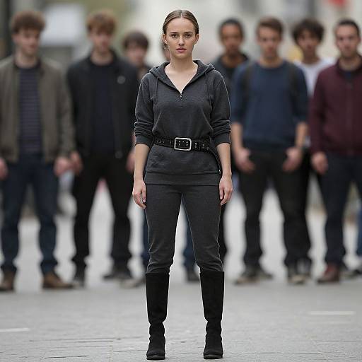 Photograph of a focused woman in black hoodie, pants, and boots, standing center, blurred crowd in background, urban street setting.