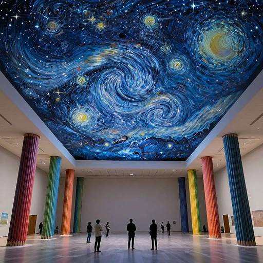 Photograph of an art gallery with a vibrant, swirling starry night ceiling mural, colorful cylindrical pillars, and silhouetted visitors.