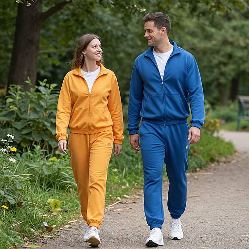 Photograph of a smiling man in blue tracksuit and white shirt, and a woman in orange tracksuit, walking on a path in a green,