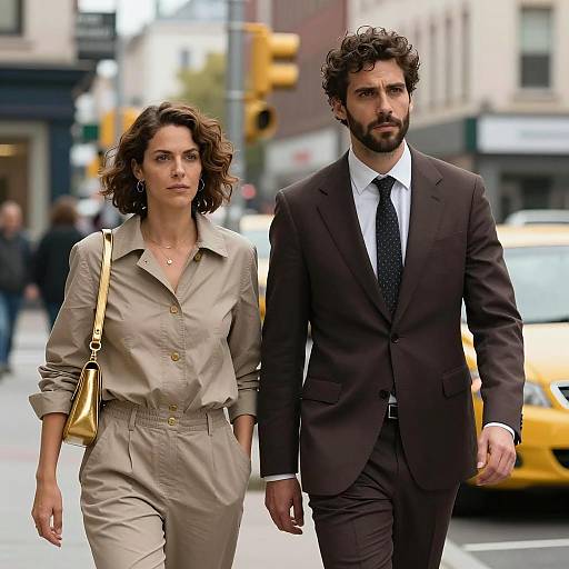 Man and Woman Walking on City Street