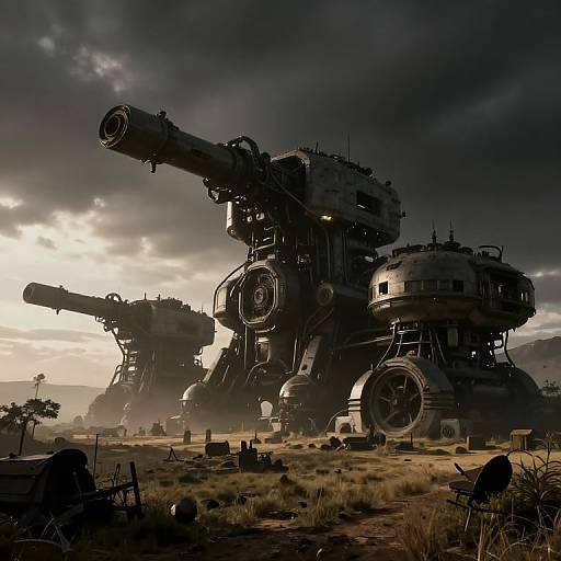 Photorealistic CGI of a massive, industrial, war machine with large cannons and wheels, set in a desolate, grassy battlefield under a storm