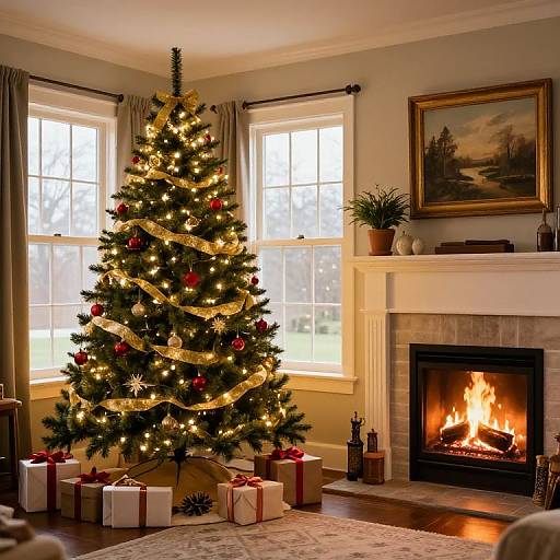 Photograph of a warmly lit, decorated Christmas tree with golden lights and red ornaments, beside a fireplace with a lit fire, in a cozy, sun