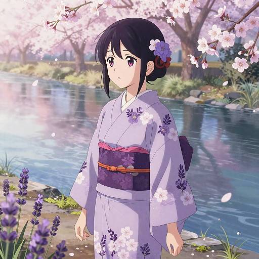 Anime-style drawing of a young woman in a white floral kimono standing by a cherry blossom-filled pond, with lavender flowers and pink petals in the foreground