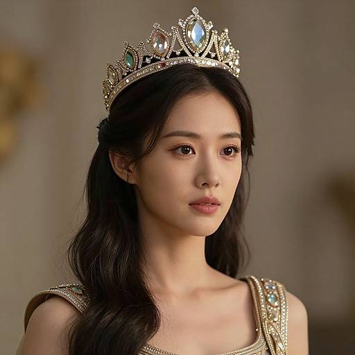 Photograph of an East Asian woman with long black hair, wearing an ornate gold crown and elegant, jeweled gown, looking serenely at