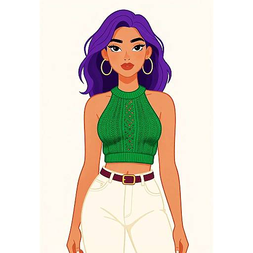 Digital illustration of a stylish woman with purple hair, green knit halter top, white pants, and large hoop earrings, standing against a plain white background