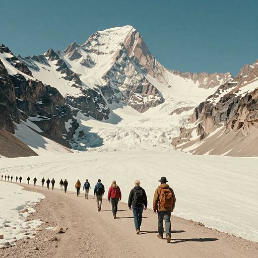 Photograph of hikers walking up a snowy mountain path, with a towering glacier and mountain peak under a clear blue sky.