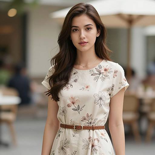 Photograph of a young woman with long dark hair, wearing a floral white dress and brown belt, standing outdoors in a sunny café.